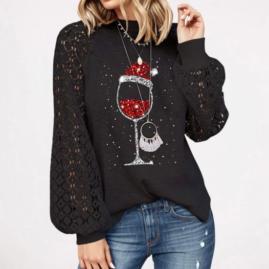 Blouse Pullovers For Women Christmas Wine Glass Print Lace Crochet Long Sleeve Crewneck Blouse Pullovers For Women Christmas Wine Glass Print Lace Crochet Long Sleeve Crewneck