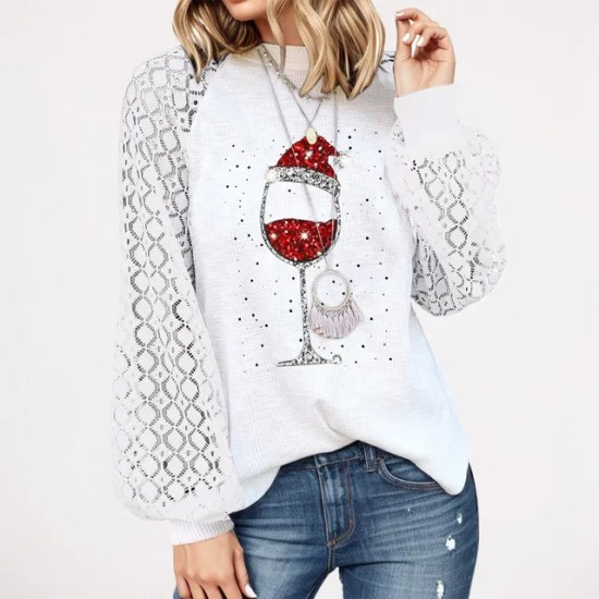 Blouse Pullovers For Women Christmas Wine Glass Print Lace Crochet Long Sleeve Crewneck Blouse Pullovers For Women Christmas Wine Glass Print Lace Crochet Long Sleeve Crewneck