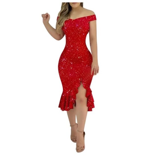 Fashion Women Vestidos Elegant Party Dress Sexy Cold Shoulder Ruffle Robe Loose Hem Slit Dresses Fashion Women Vestidos Elegant Party Dress Sexy Cold Shoulder Ruffle Robe Loose Hem Slit Dresses