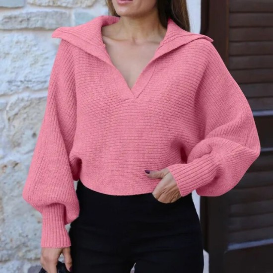 Women's Sweater Autumn Polo Large V Neck Solid Knit Sweater Loose Pullover Sweater Office Lady Long Sleeve Oversized Pullover Women's Sweater Autumn Polo Large V Neck Solid Knit Sweater Loose Pullover Sweater Office Lady Long Sleeve Oversized Pullover