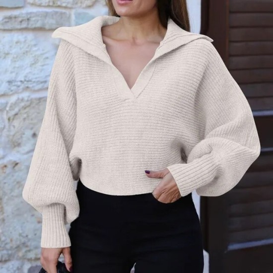 Women's Sweater Autumn Polo Large V Neck Solid Knit Sweater Loose Pullover Sweater Office Lady Long Sleeve Oversized Pullover Women's Sweater Autumn Polo Large V Neck Solid Knit Sweater Loose Pullover Sweater Office Lady Long Sleeve Oversized Pullover