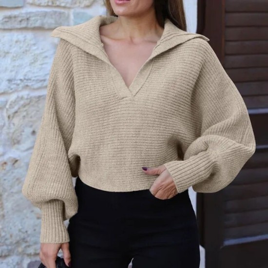 Women's Sweater Autumn Polo Large V Neck Solid Knit Sweater Loose Pullover Sweater Office Lady Long Sleeve Oversized Pullover Women's Sweater Autumn Polo Large V Neck Solid Knit Sweater Loose Pullover Sweater Office Lady Long Sleeve Oversized Pullover