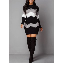 Autumn winter Women Fashion Print Slim Knitted Dress Female Long-sleeve Hips Mini Dresses