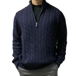 Pullover Sweaters Mens Warm Knitted Sweater Solid Fashion Turtleneck Sweaters Half Zip 100% Cotton 