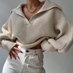 Women's Sweater Autumn Polo Large V Neck Solid Knit Sweater Loose Pullover Sweater Office Lady Long Sleeve Oversized Pullover